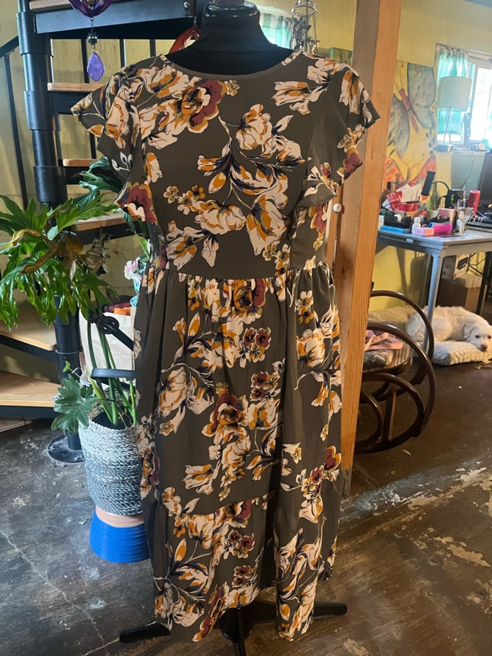 BloomChic Olive Green Floral Midi Dress with Cream and Mustard Blooms
